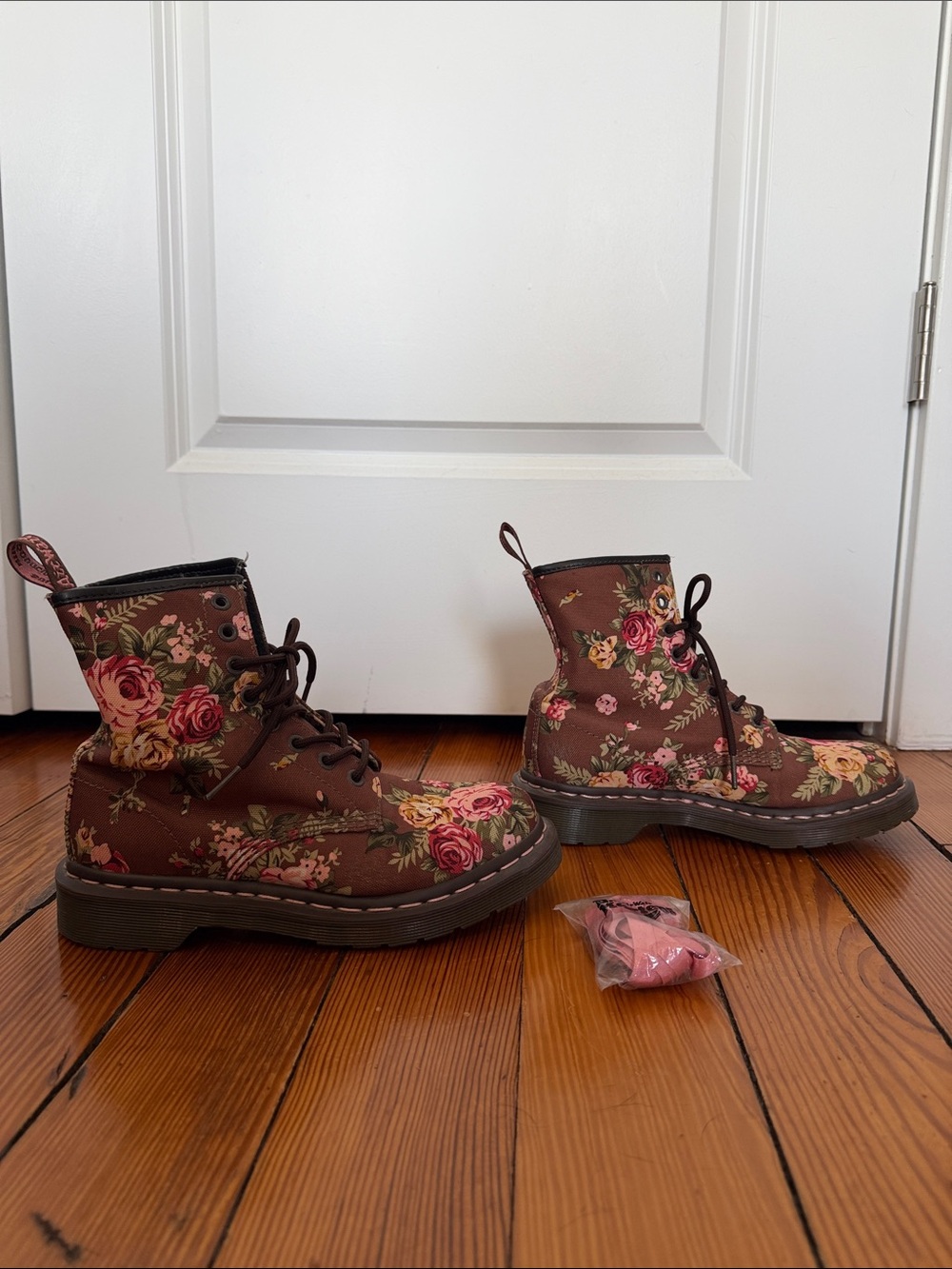 Dr. Martens Brown Floral Lace-Up Ankle Boots with Pink and Cream Flowers - Picture 5 of 8